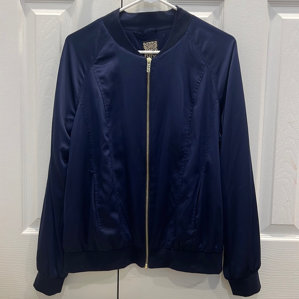 Blue satin like bomber jacket